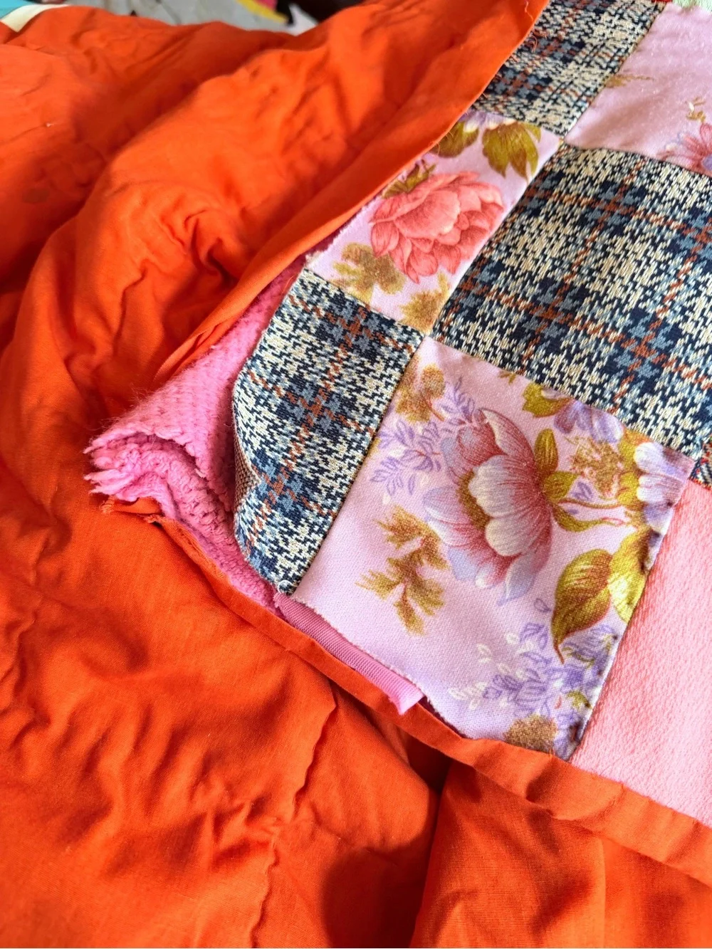 Handmade Multicolor Patchwork Quilt - Pink Accents Nine-Patch block pattern,